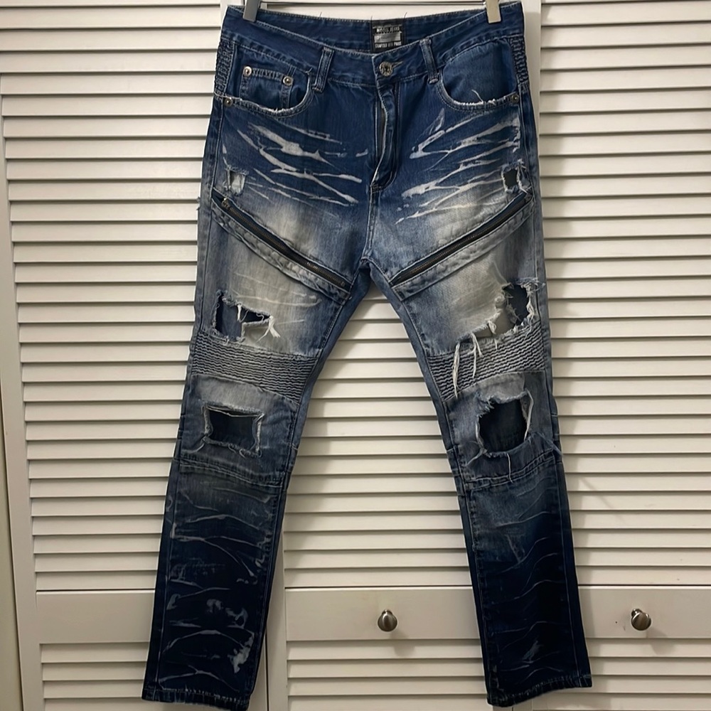 New Zipper Distressed Straight Denim Jeans White Washed 32X30